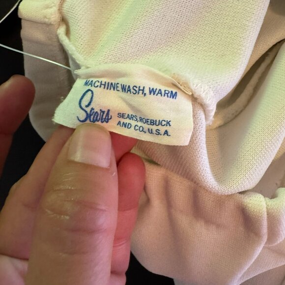 Vintage 70s Sears Women's White Polyester Bell Bottom Pants, Green Stripes - Picture 5 of 9